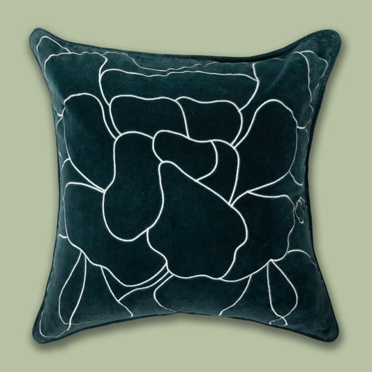 Villblomst Dyp blågrønn brodert fløyelsputetrekk 45x45 cm